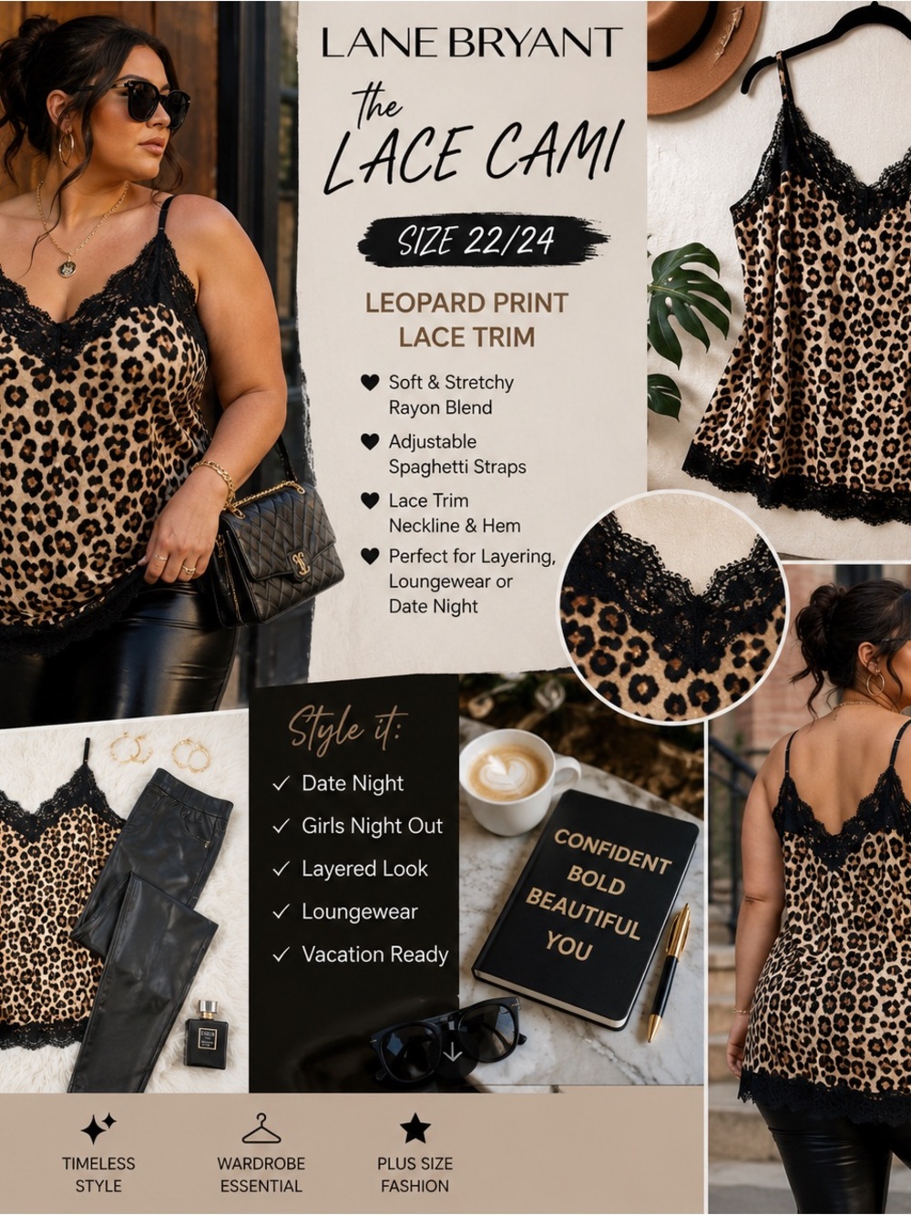 Lane Bryant The Lace Cami 22/24 Leopard Print Black Lace Trim Animal Print Tank
